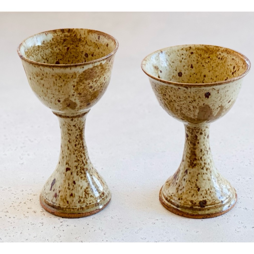 2 Vintage Speckled Oatmeal Tan Brown Stoneware Goblets Studio Pottery Cottage